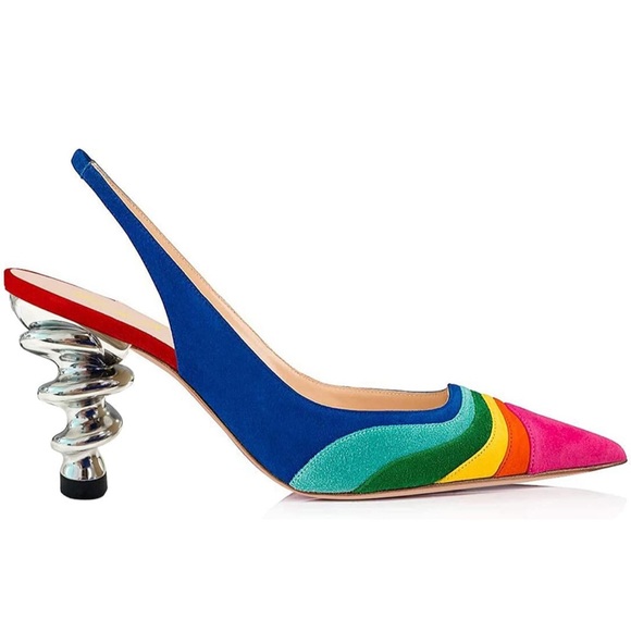 NIB FOWT Rainbow Suede/Leather Slingbacks with Silver Spiral Conical Heel 10 - Picture 2 of 6